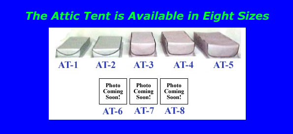 Image showing five Attic Tent sizes (AT-1 to AT-5) with placeholders for AT-6, AT-7, and AT-8 labeled "Photo Coming Soon!" to complete the product lineup.