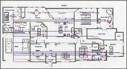 Detailed floor plan of a home showing rooms, furniture layout, and duct work design with blue and red lines indicating supply and return airflow paths.