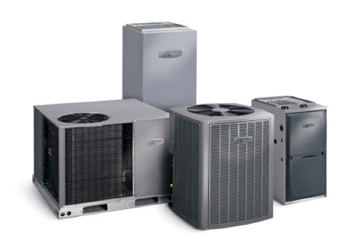 Collection of four silver air conditioning units in different sizes and styles displayed on a white background, representing available HVAC product options.