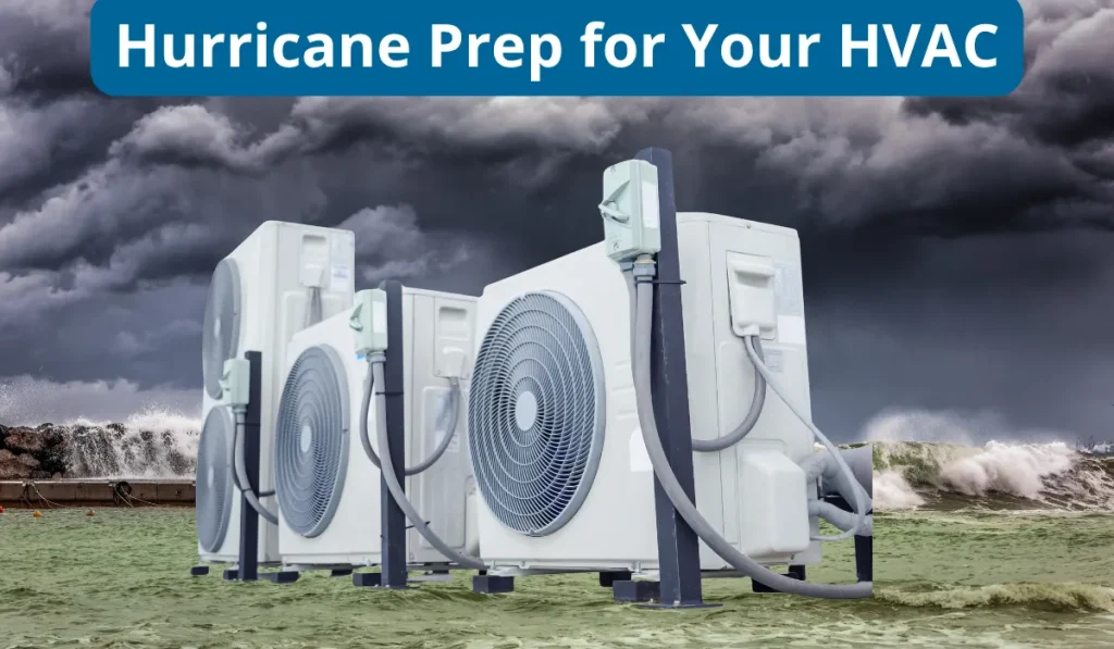 Three HVAC units in a stormy landscape, promoting tips for hurricane preparation. Dark clouds and rough seas in the background.